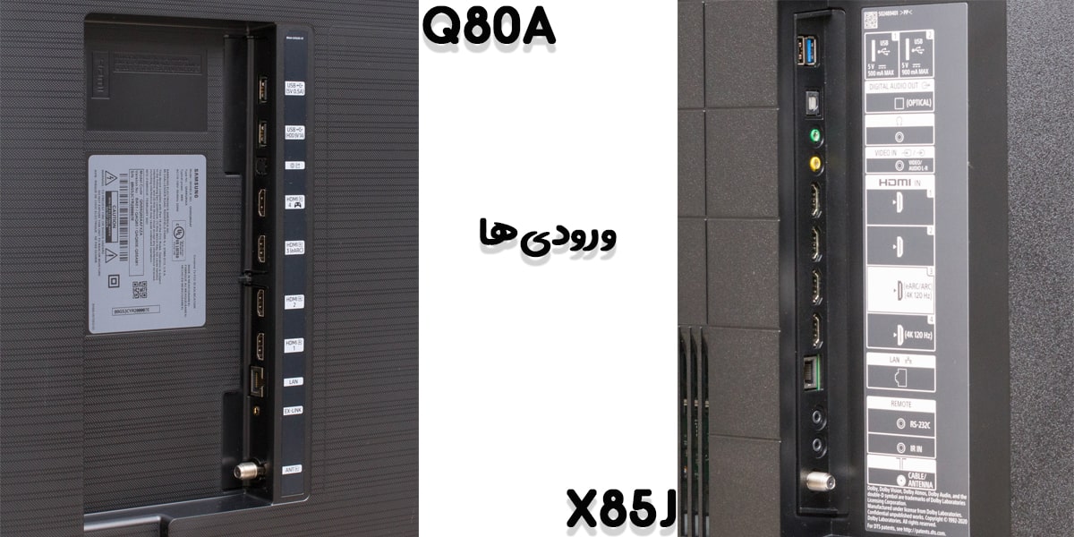 مقایسه ورودی‌های تلویزیون Q80A و X85J