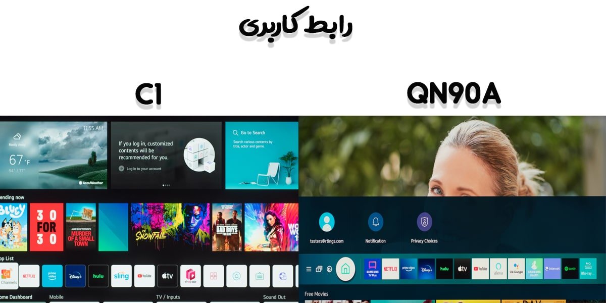 مقایسه رابط کاربری تلویزیون QN90A و C1