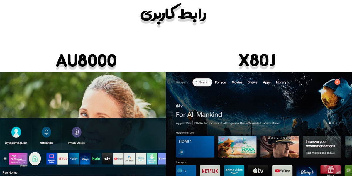 مقایسه تلویزیون X80J با AU8000 در رابط کاربری